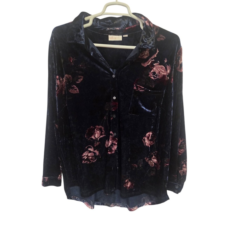Belle by Kim Gravel Navy Blue Floral Velvet Button Down Shirt Plus Size 2X
